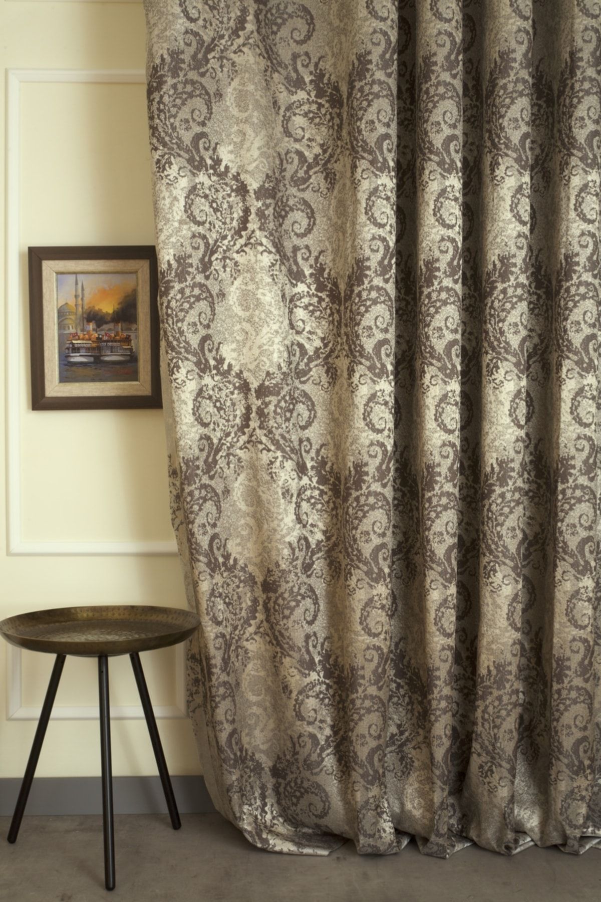 Massarelli Fon Perde Damask Desen Koyu Kahve 1-2 Seyrek Pile