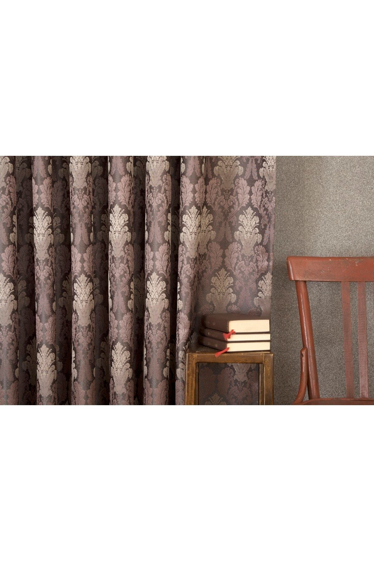 Massarelli Fon Perde Klasik Damask Desen Antrasit-mürdüm 1-3 Sık Pile