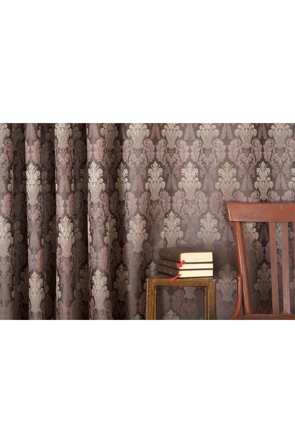 Massarelli Fon Perde Klasik Damask Desen Antrasit-mürdüm 1-2 Seyrek Pile