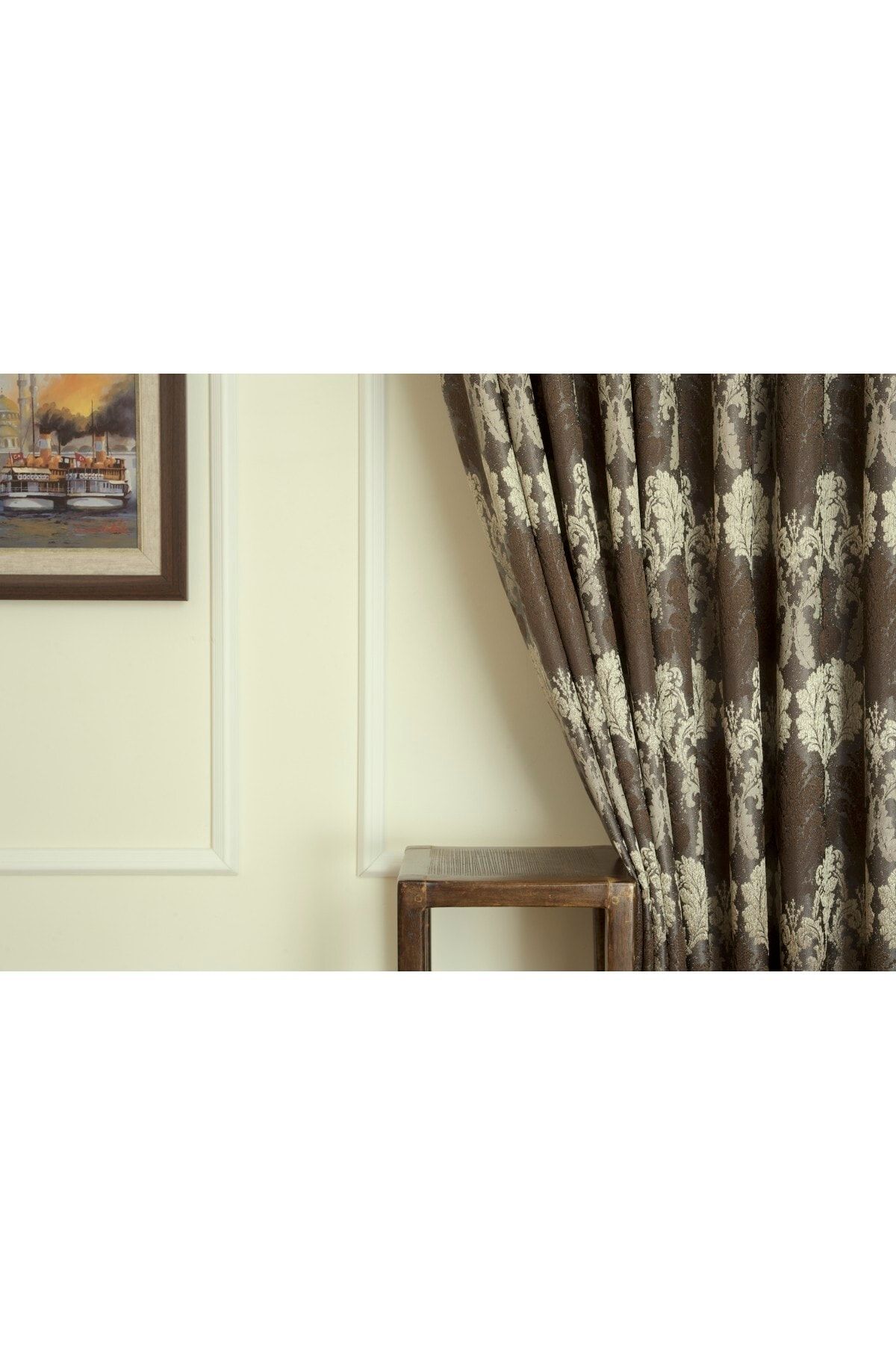 Massarelli Fon Perde Klasik Damask Desen Antrasit-gold 1-3 Sık Pile
