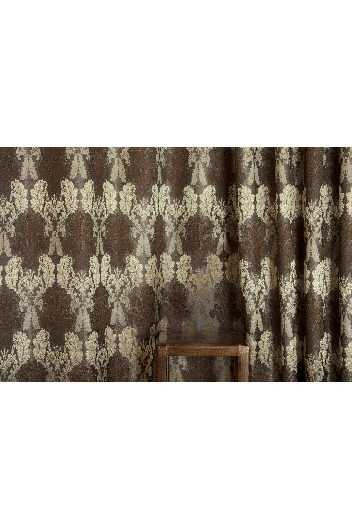 Massarelli Fon Perde Klasik Damask Desen Antrasit-gold Pilesiz