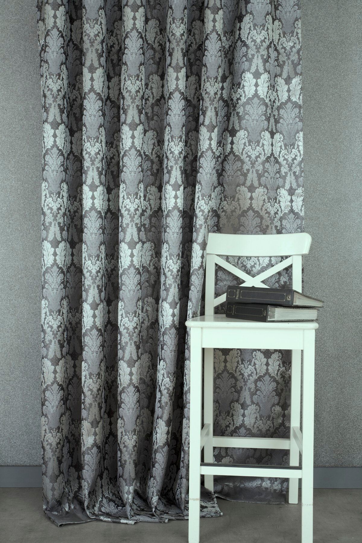 Massarelli Fon Perde Klasik Damask Desen Antrasit-gümüş 1-3 Sık Pile