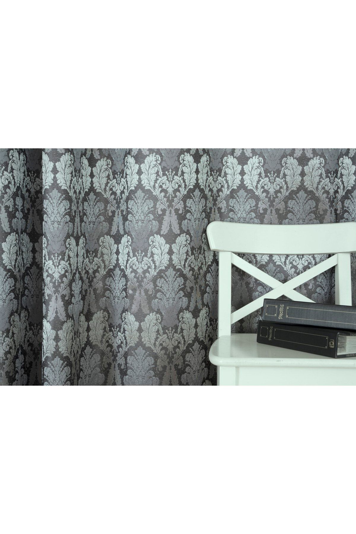 Massarelli Fon Perde Klasik Damask Desen Antrasit-gümüş 1-3 Sık Pile