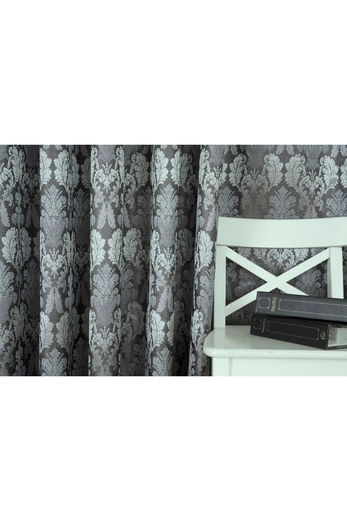 Massarelli Fon Perde Klasik Damask Desen Antrasit-gümüş 1-2,5 Orta Sık Pile