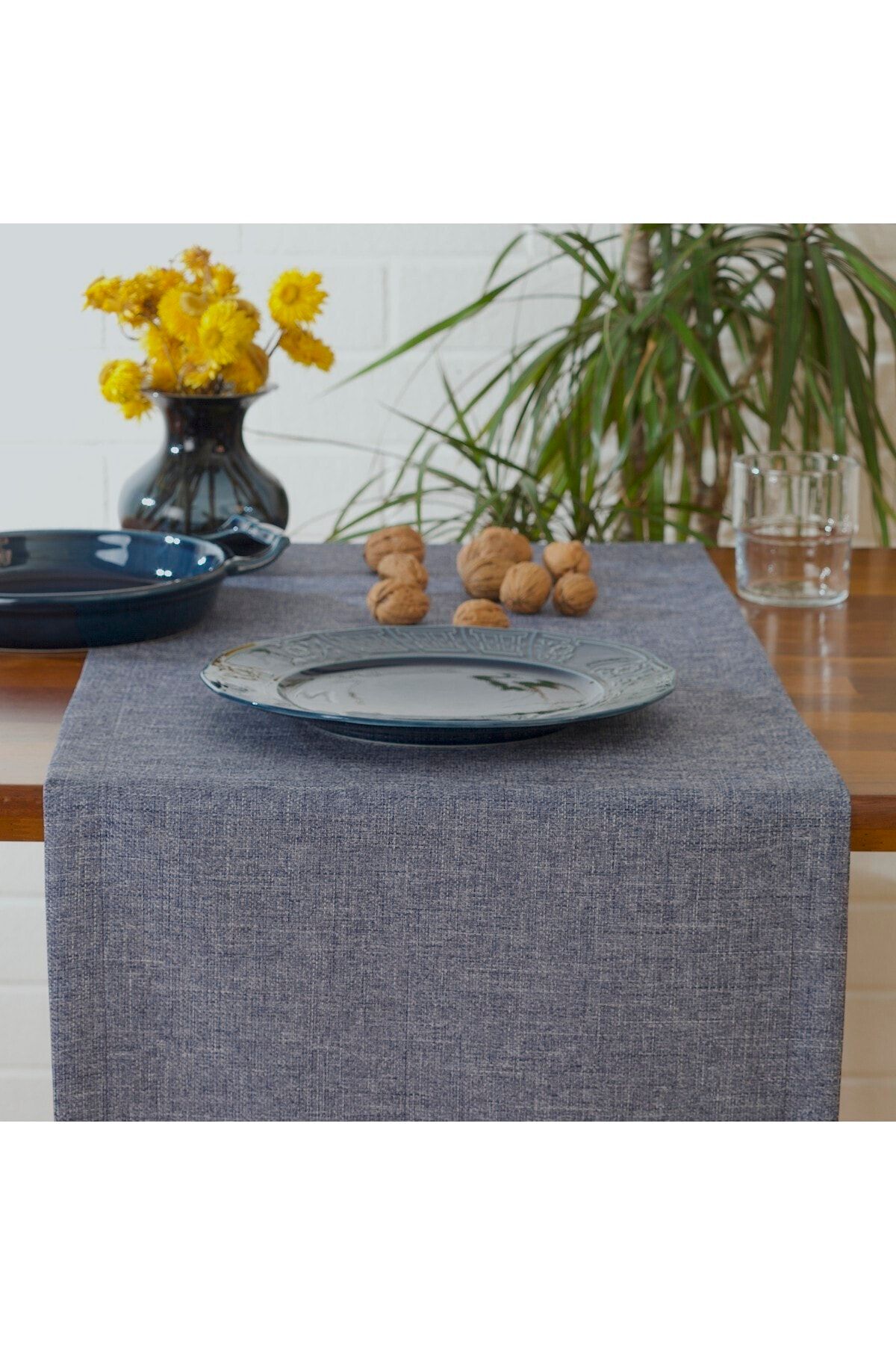 Massarelli Düz Keten Lacivert Runner 40x140 Cm