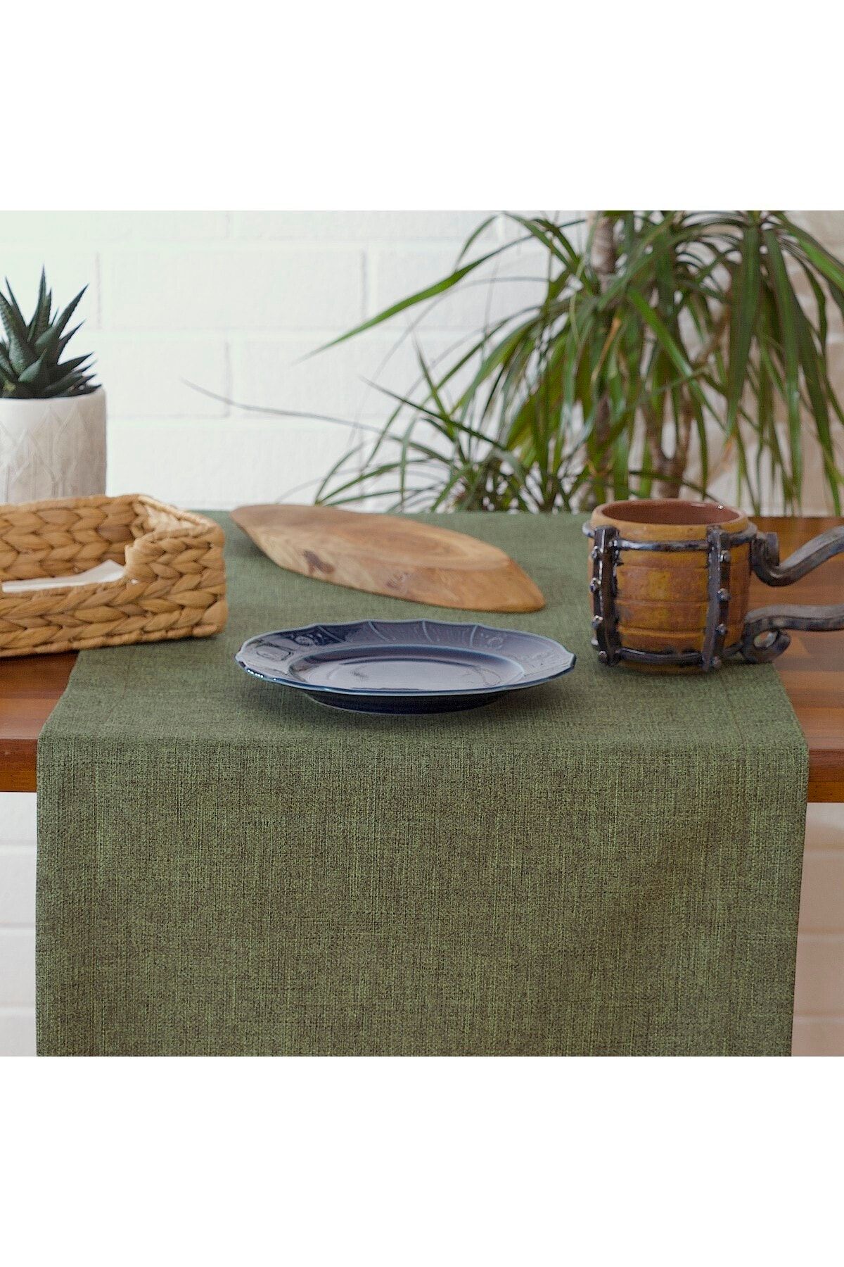 Massarelli Düz Keten Yeşil Runner 40x140 Cm