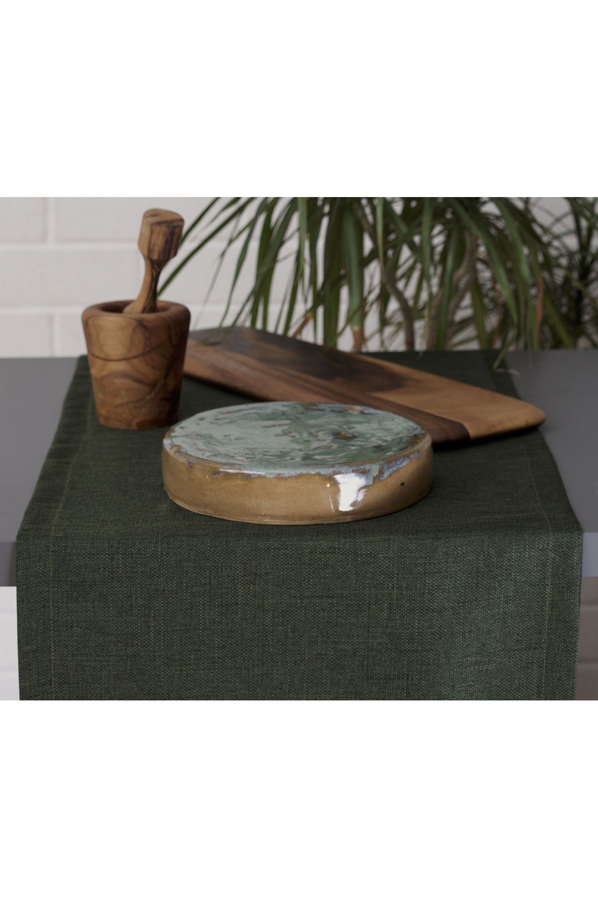 Massarelli Düz Keten Koyu Yeşil Runner 40x140 cm