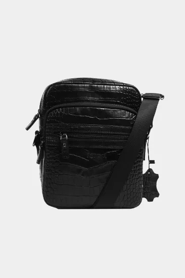 Massarelli X Rewina Hakiki Deri Askılı Çanta Timsah Desenli Siyah MCT9553