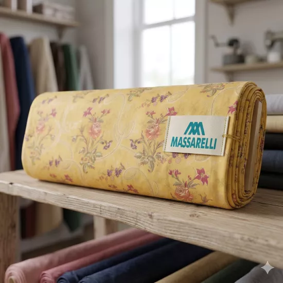 Mambretti Kolyeli Kırmızı Çiçekli Döşemelik Kumaş Sarı