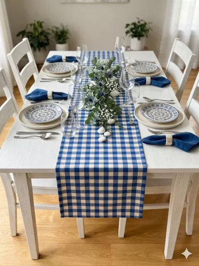 Massarelli Pötikare Serisi Dekoratif Mavi Polyester Runner 45*150cm